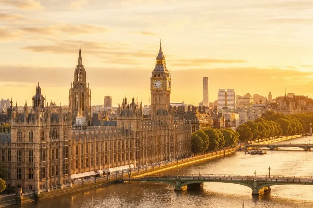 The London skyline and the Houses of Parliament at sunset