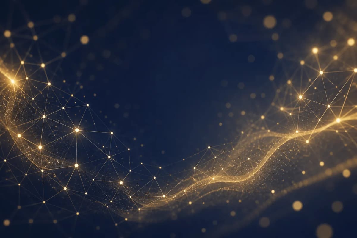 Points of gold light joined together in a network, on dark blue