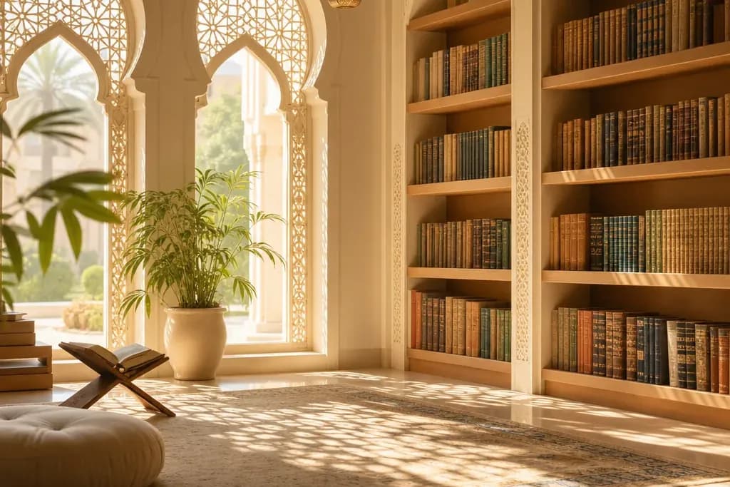 A quiet, sunlit room with arched windows and bookshelves